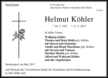Traueranzeige von Helmut Köhler von VRM Trauer