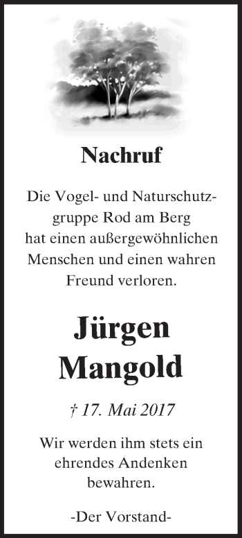 Traueranzeige von Jürgen Mangold von  Usinger Anzeiger