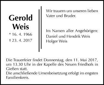 Traueranzeige von Gerold Weis von  Gießener Anzeiger