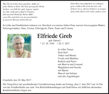 Traueranzeige von Elfriede Greb von VRM Trauer