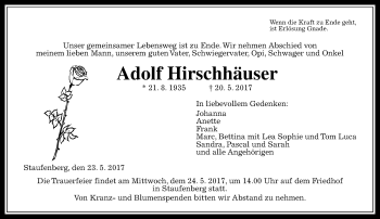 Traueranzeige von Adolf Hirschhäuser von  Gießener Anzeiger