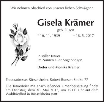 Traueranzeige von Gisela Krämer von Trauerportal Rhein Main Presse