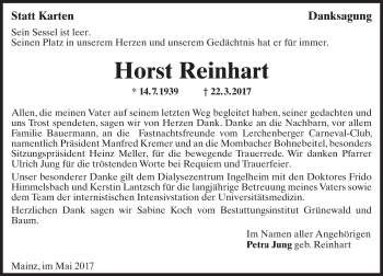 Traueranzeige von Horst Reinhart von Trauerportal Rhein Main Presse