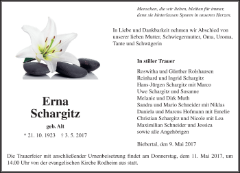 Traueranzeige von Erna Schargitz von  Gießener Anzeiger