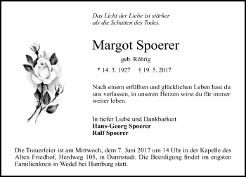 Traueranzeige von Margot Spoerer von Trauerportal Echo Online