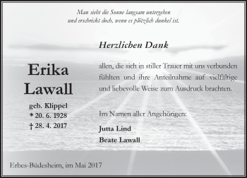 Traueranzeige von Erika Lawall von Trauerportal Rhein Main Presse