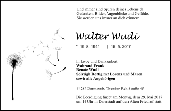 Traueranzeige von Walter Wudi von Trauerportal Echo Online