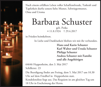 Traueranzeige von Barbara Schuster von Trauerportal Echo Online