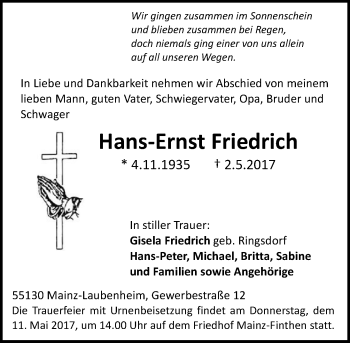 Traueranzeige von Hans-Ernst Friedrich von Trauerportal Rhein Main Presse
