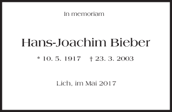 Traueranzeige von Hans-Joachim Bieber von  Gießener Anzeiger