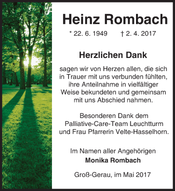 Traueranzeige von Heinz Rombach von Trauerportal Echo Online