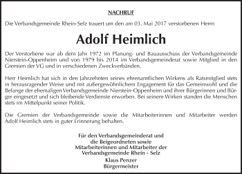Traueranzeige von Adolf Heimlich von Trauerportal Rhein Main Presse