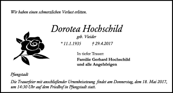 Traueranzeige von Dorotea Hochschild von Trauerportal Echo Online