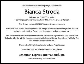 Traueranzeige von Bianca Stroda von Trauerportal Rhein Main Presse