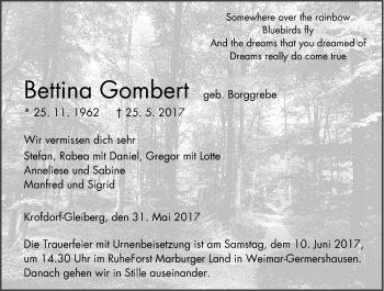 Traueranzeige von Bettina Gombert von  Gießener Anzeiger