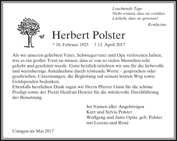 Traueranzeige von Herbert Polster von  Usinger Anzeiger