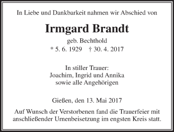 Traueranzeige von Irmgard Brandt von  Gießener Anzeiger