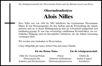 Traueranzeige von Alois Nilles von Trauerportal Rhein Main Presse