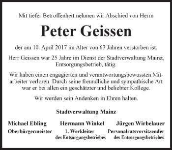 Traueranzeige von Peter Geissen von Trauerportal Rhein Main Presse