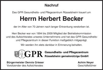 Traueranzeige von Herbert Becker von Trauerportal Rhein Main Presse