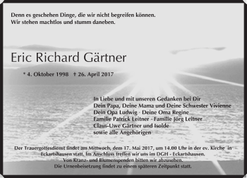 Traueranzeige von Eric Richard Gärtner von  Kreisanzeiger