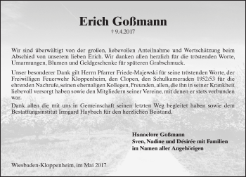 Traueranzeige von Erich Goßmann von Trauerportal Rhein Main Presse