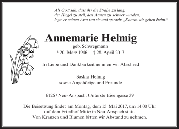Traueranzeige von Annemarie Helmig von  Usinger Anzeiger