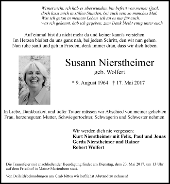 Traueranzeige von Susann Nierstheimer von Trauerportal Rhein Main Presse