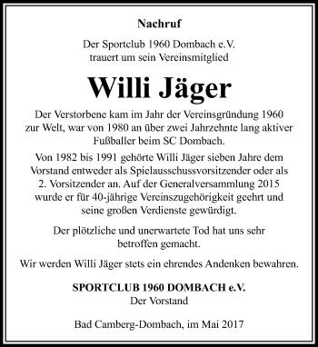 Traueranzeige von Willi Jäger von  Camberger Anzeiger