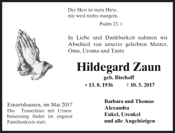 Traueranzeige von Hildegard Zaun von  Kreisanzeiger