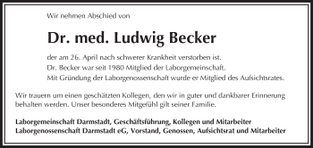 Traueranzeige von Ludwig Becker von Trauerportal Echo Online