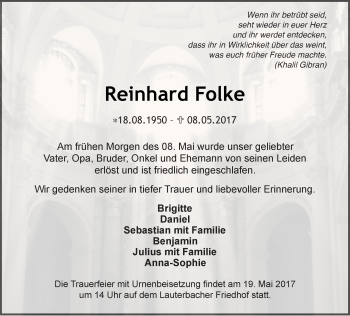 Traueranzeige von Reinhard Folke von VRM Trauer