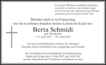 Traueranzeige von Berta Schmidt von  Usinger Anzeiger