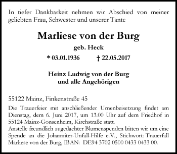 Traueranzeige von Marliese von der Burg von Trauerportal Rhein Main Presse
