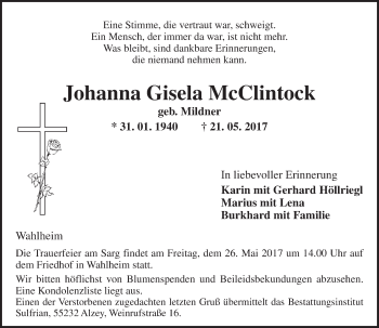 Traueranzeige von Johanna Gisela McClintock von Trauerportal Rhein Main Presse