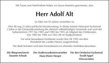 Traueranzeige von Adolf Alt von  Kreisanzeiger
