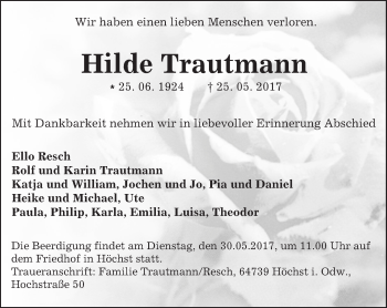 Traueranzeige von Hilde Trautmann von Trauerportal Echo Online