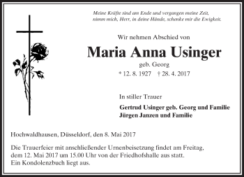 Traueranzeige von Maria Anna Usinger von VRM Trauer