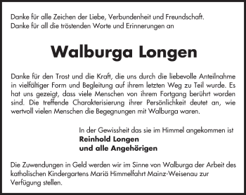 Traueranzeige von Walburga Longen von Trauerportal Rhein Main Presse