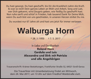 Traueranzeige von Walburga Horn von Trauerportal Rhein Main Presse