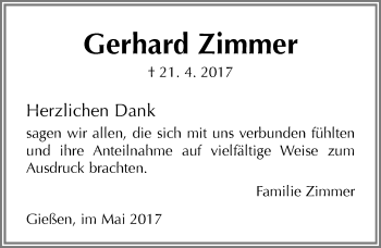 Traueranzeige von Gerhard Zimmer von  Gießener Anzeiger