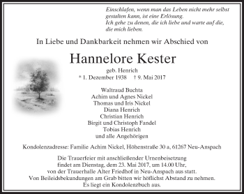 Traueranzeige von Hannelore Kester von  Usinger Anzeiger