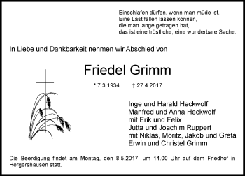 Traueranzeige von Friedel Grimm von Trauerportal Echo Online