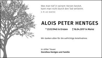 Traueranzeige von Alois Peter Hentges von Trauerportal Rhein Main Presse