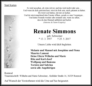 Traueranzeige von Renate Simmons von VRM Trauer