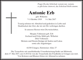 Traueranzeige von Antonie Erb von  Usinger Anzeiger