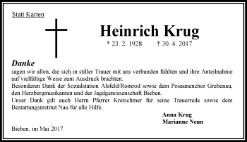 Traueranzeige von Heinrich Krug von VRM Trauer