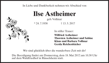 Traueranzeige von Ilse Astheimer von Trauerportal Rhein Main Presse