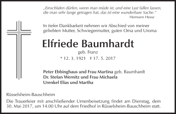 Traueranzeige von Elfriede Baumhardt von Trauerportal Rhein Main Presse