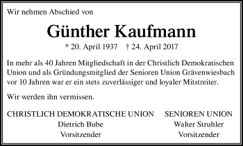 Traueranzeige von Günther Kaufmann von  Usinger Anzeiger